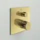 Die Abbildung zeigt einen goldenen Wandthermostat mit zwei Steuerknöpfen, gefertigt von Ideal Standard, montiert auf einer glatten Wandfläche.